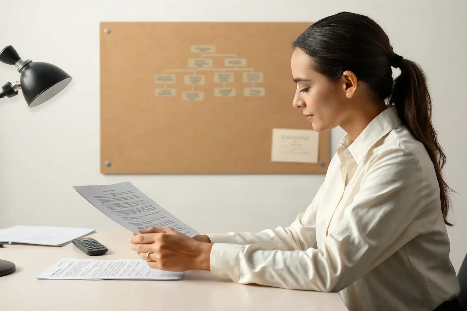 A person in a white shirt sits at a desk reading a document, with a cork noticeboard bearing a flowchart diagram on the wall behind them
