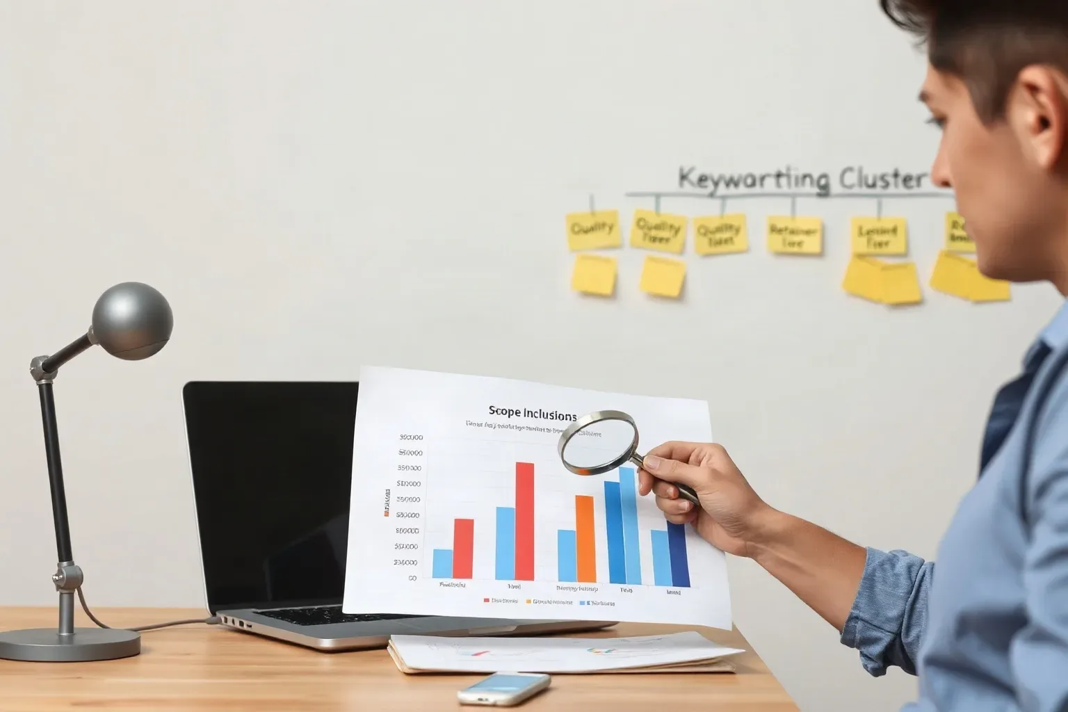 A marketing professional at a desk placing a magnifying glass over a printed bar chart that compares scope inclusions across different price points while a sticky-note keyword cluster hierarchy on the wall groups quality indicators by retainer tier