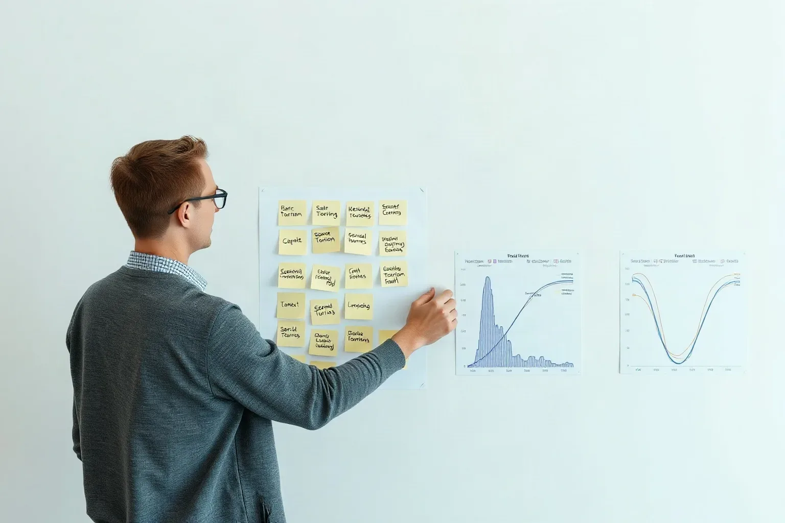 A person wearing glasses arranges sticky notes on a wall display beside printed charts featuring bar and line graphs