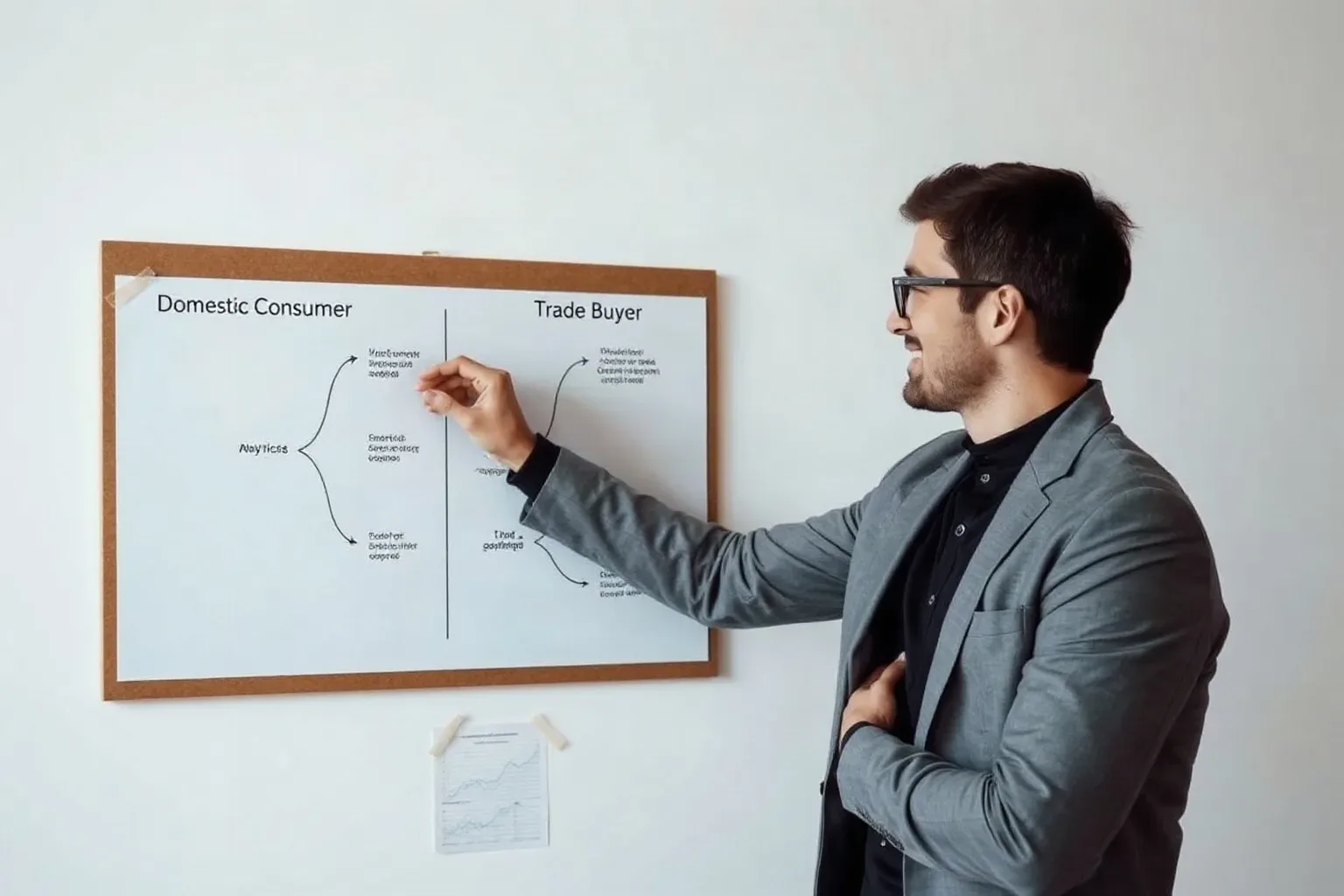 A person in a blazer points at a board divided into two columns headed 'Domestic Consumer' and 'Trade Buyer', with handwritten notes and arrows