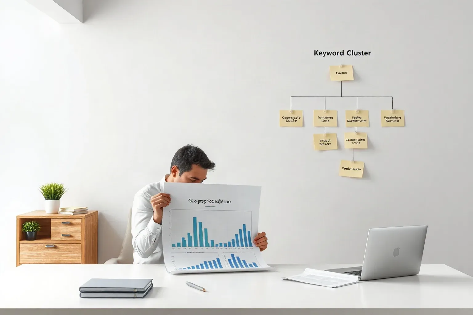 A marketing professional seated at a desk arranging printed bar charts by geographic search volume from highest to lowest while a sticky-note keyword cluster hierarchy on the wall groups trade service terms by location specificity