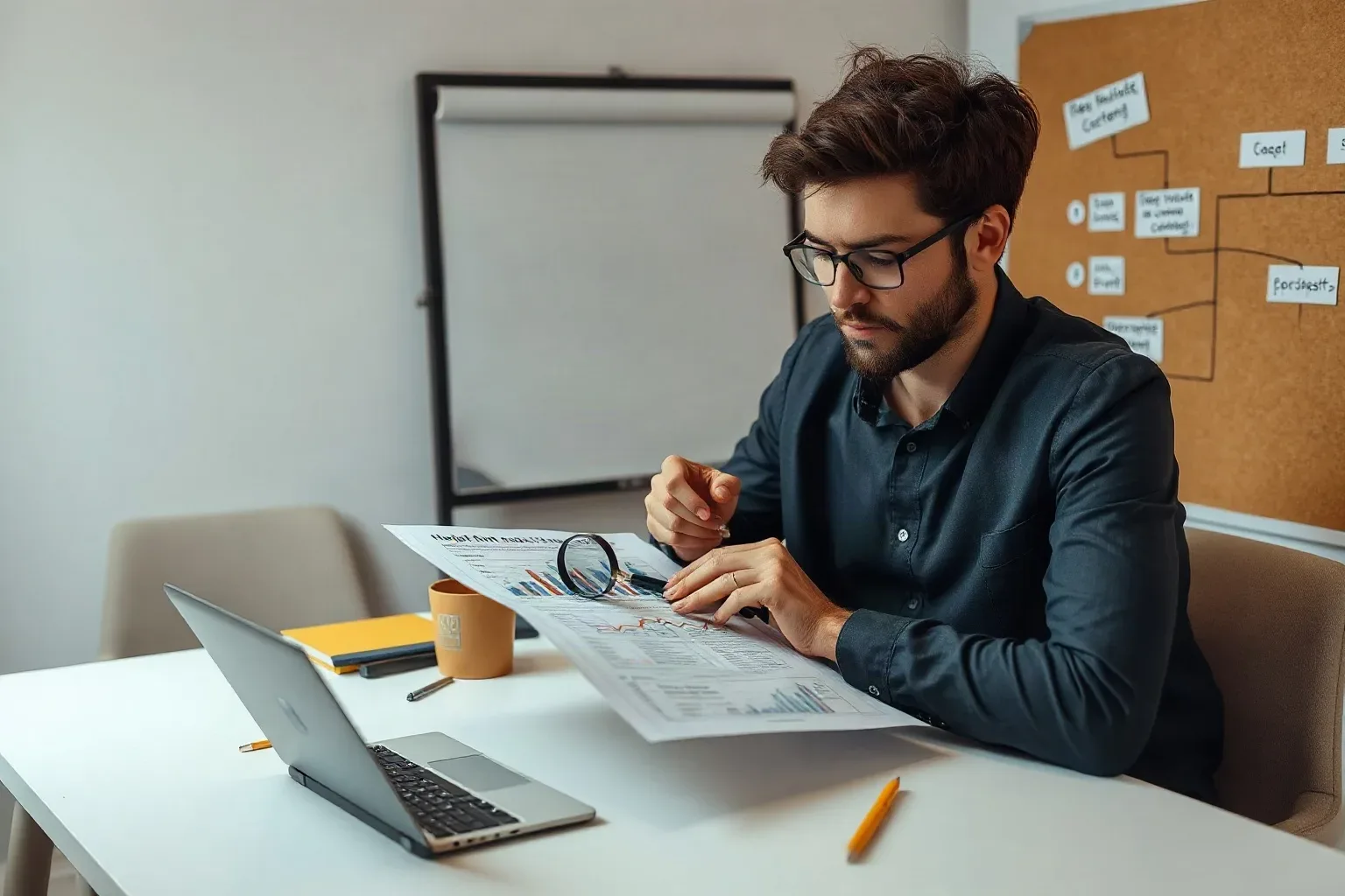 A marketing professional at a desk placing a magnifying glass over a printed analytics document that shows high-value low-volume keyword data while a structured flowchart diagram on the corkboard maps specialist content to niche audience segments