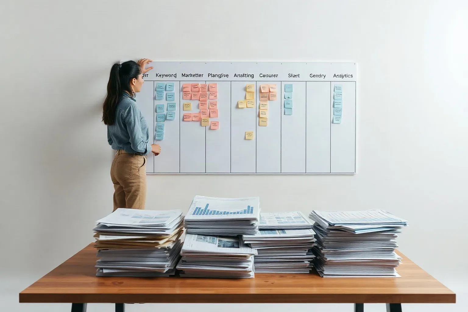 A marketing professional standing at a wall planning area reshuffling sticky-note keyword clusters between sector columns while printed bar and line analytics charts are stacked in labelled piles on the desk below