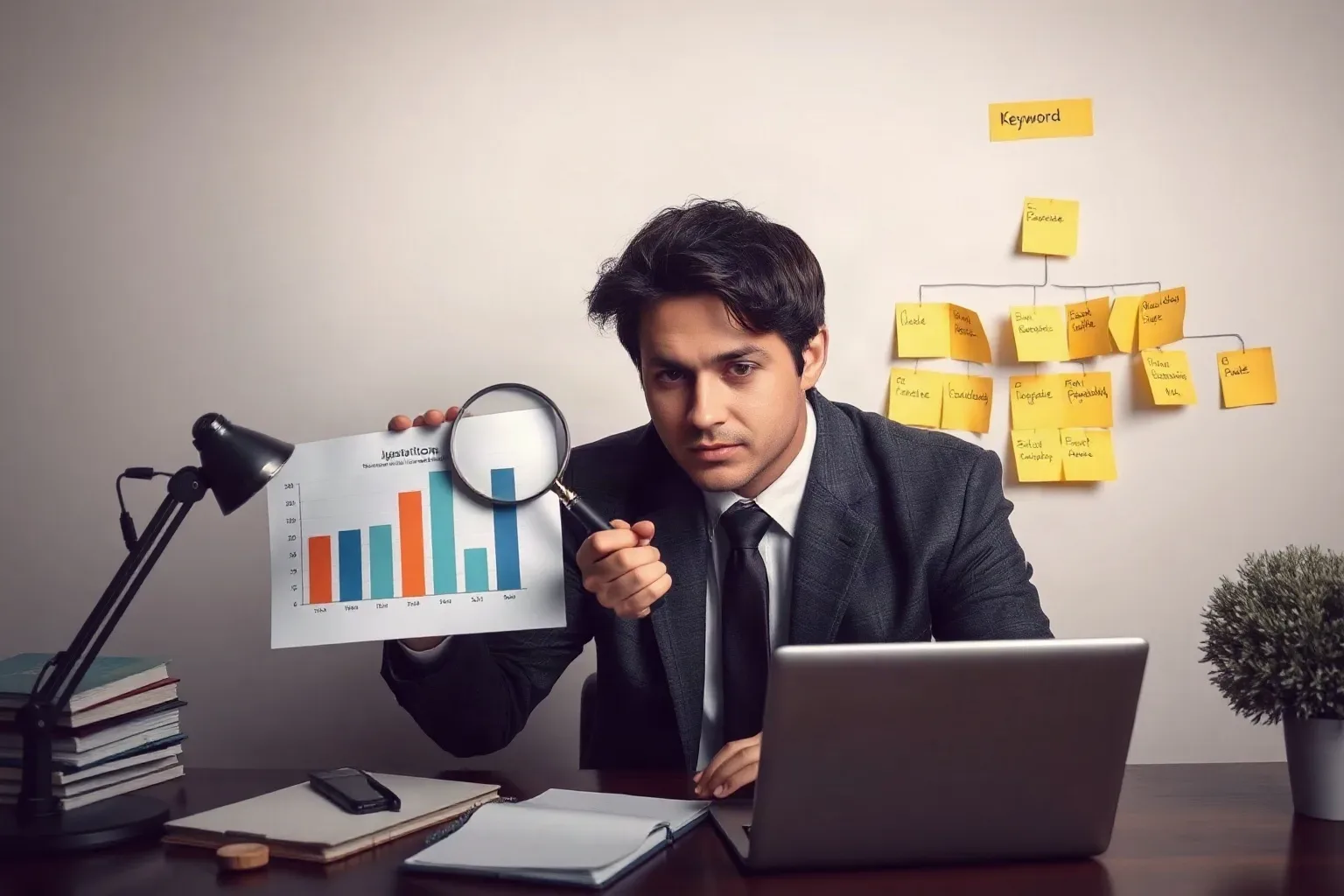 A marketing professional at a desk pressing a magnifying glass onto a printed bar chart that compares jurisdiction-specific search term volumes while a sticky-note keyword cluster hierarchy on the wall groups terms by practice area