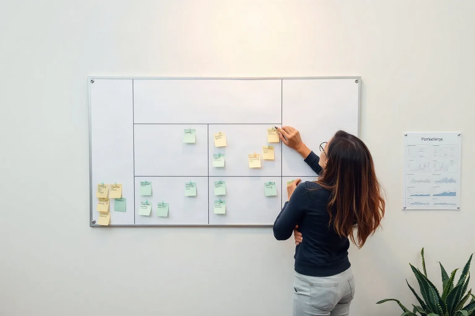 A person writes on a sticky note attached to a gridded whiteboard covered with yellow and green sticky notes in an office setting