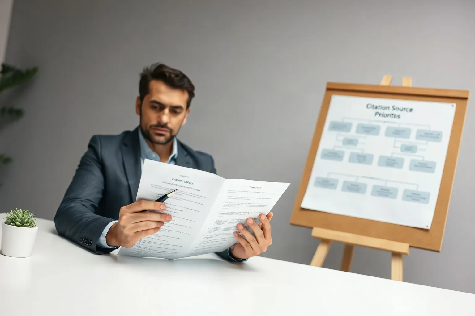 A person in a suit sits at a white desk reviewing documents with a pen, beside a corkboard easel displaying a flowchart diagram
