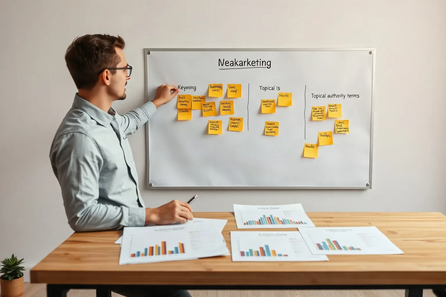 A person in glasses writes on a whiteboard covered with sticky notes while printed bar-chart reports are spread across a wooden desk in front of them