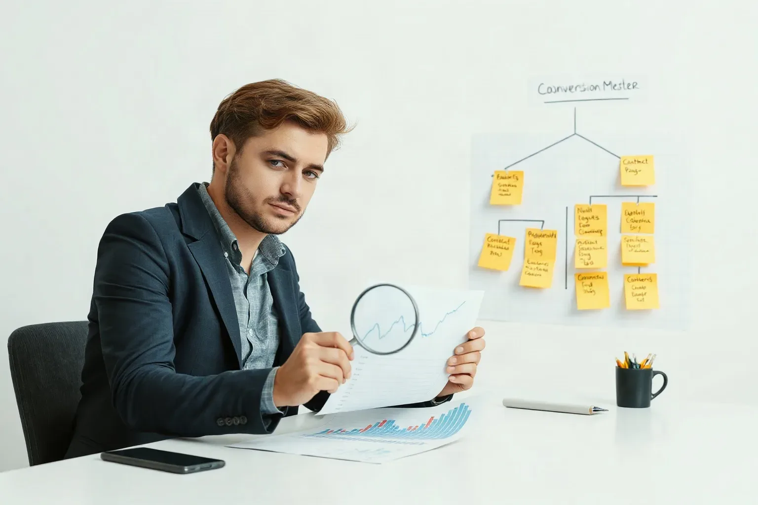 A marketing professional at a desk placing a magnifying glass over a printed line chart showing contact-page visit trends while a sticky-note keyword cluster hierarchy on the wall organises conversion metric categories