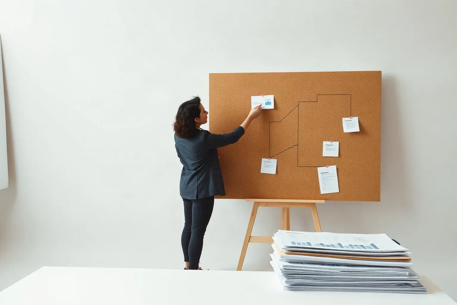 A marketing professional standing at a corkboard revising a structured flowchart diagram by crossing out one branch and drawing a corrected path while printed analytics charts are stacked at the desk edge