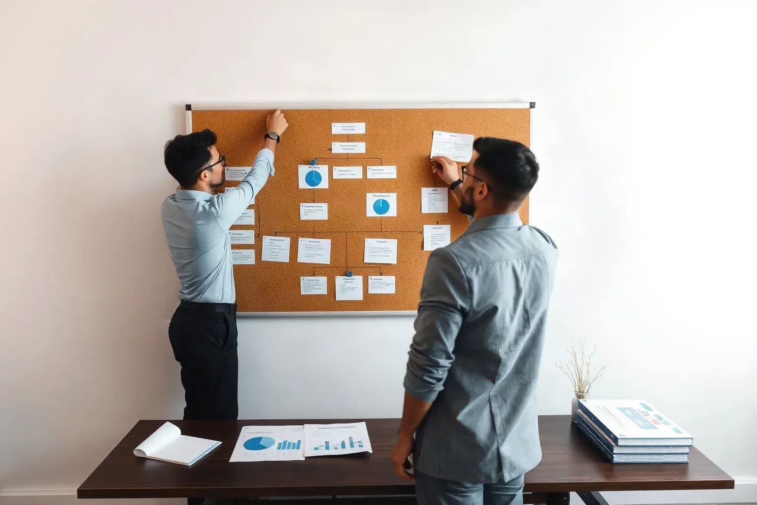 Two people pin printed cards and notes onto a large corkboard in a small office, with charts and documents laid out on a desk in front of them