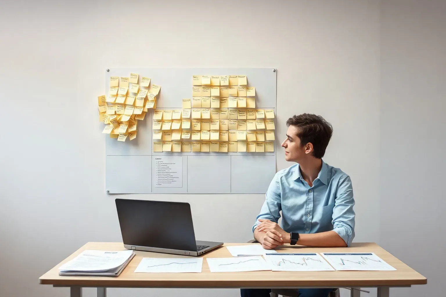 A person sits at a desk with a laptop and printed charts, looking at a wall board covered in organised sticky notes