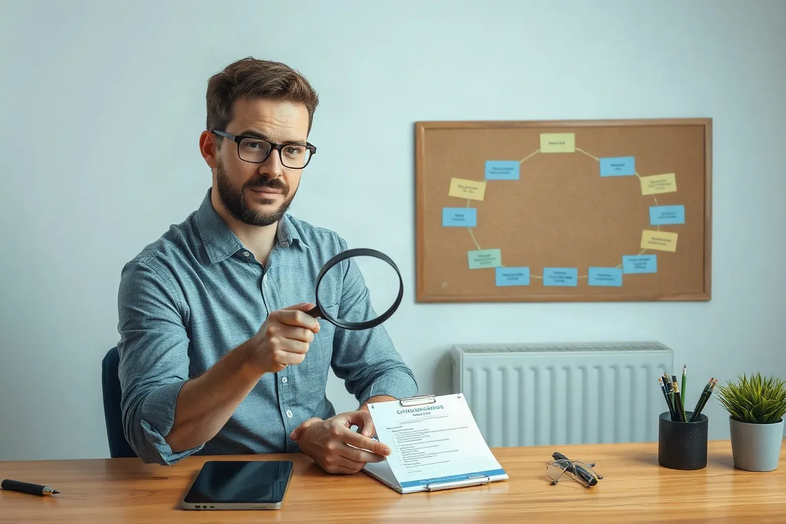 A marketing professional seated at a desk pressing a magnifying glass onto a printed checklist document covering Google Business Profile fields while a structured flowchart diagram on the corkboard maps citation source priorities
