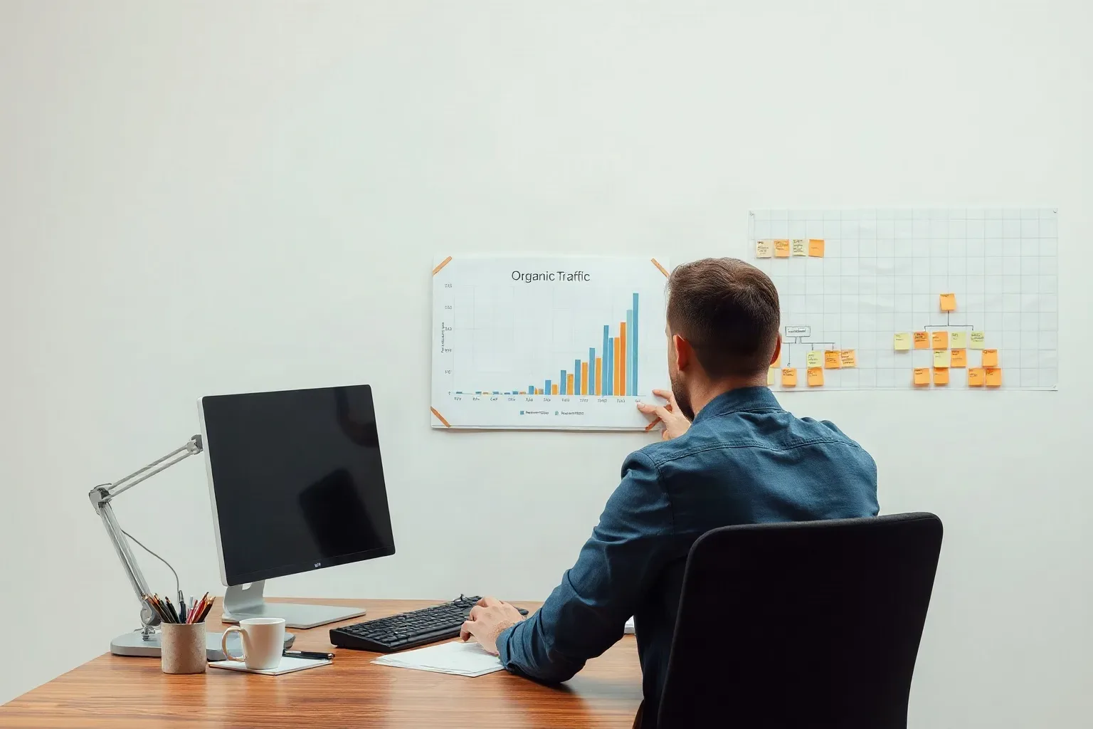 A marketing professional at a desk aligning a printed bar chart showing goal completions next to a printed line chart showing organic traffic and marking the correlation points while a sticky-note keyword cluster hierarchy is visible on the wall
