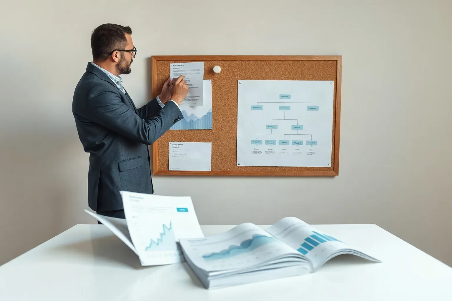 A person in a suit pins a document to a corkboard displaying charts and a flowchart diagram, beside a desk with open printed reports