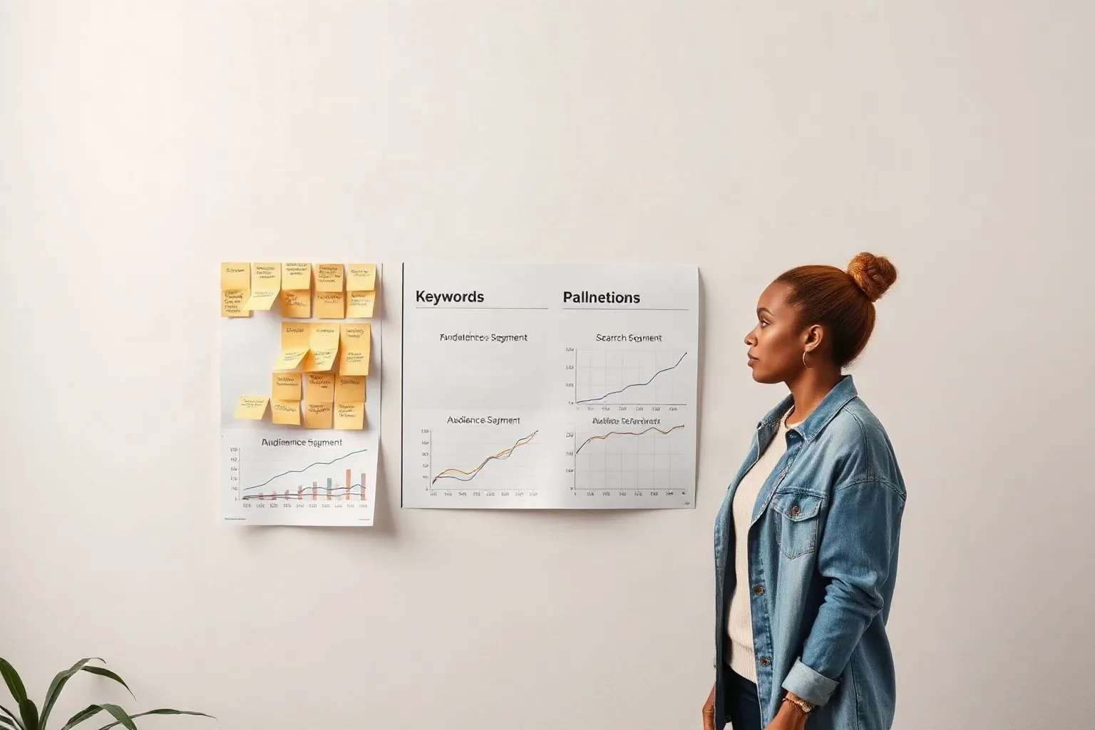 A marketing professional at a wall planning area arranging sticky-note keyword clusters into three audience-segment columns while printed line charts showing search volume trends are pinned beside each column