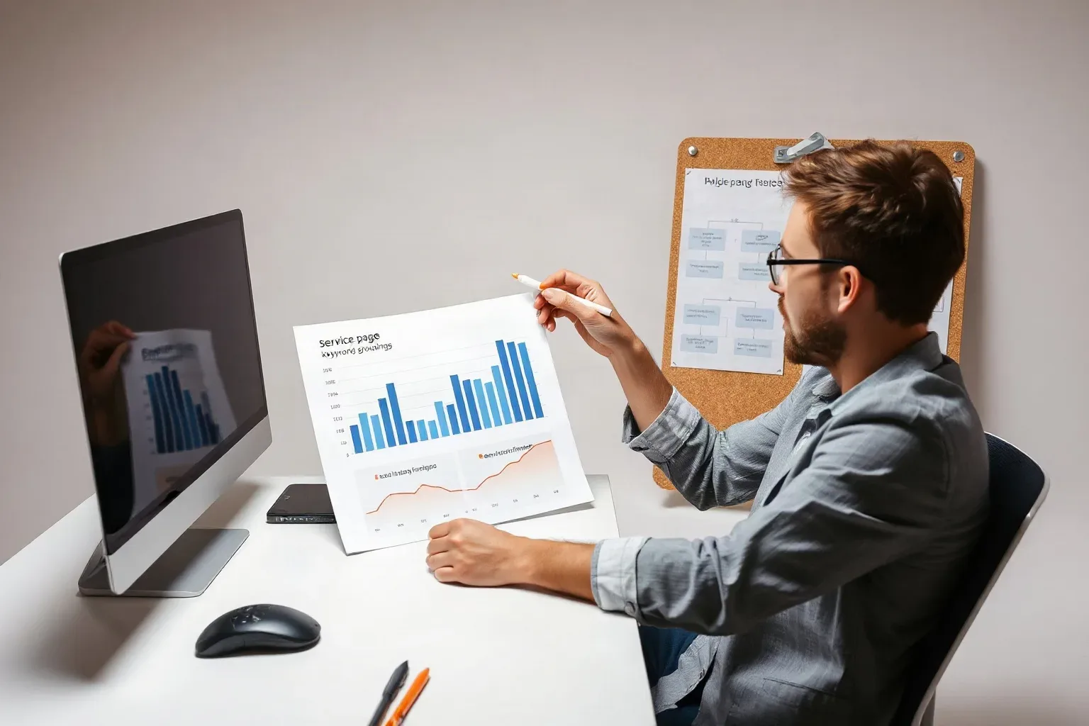 A marketing professional seated at a desk annotating a printed analytics bar chart with a marker to distinguish service-page keyword groupings while a structured flowchart diagram on the nearby corkboard shows page hierarchy