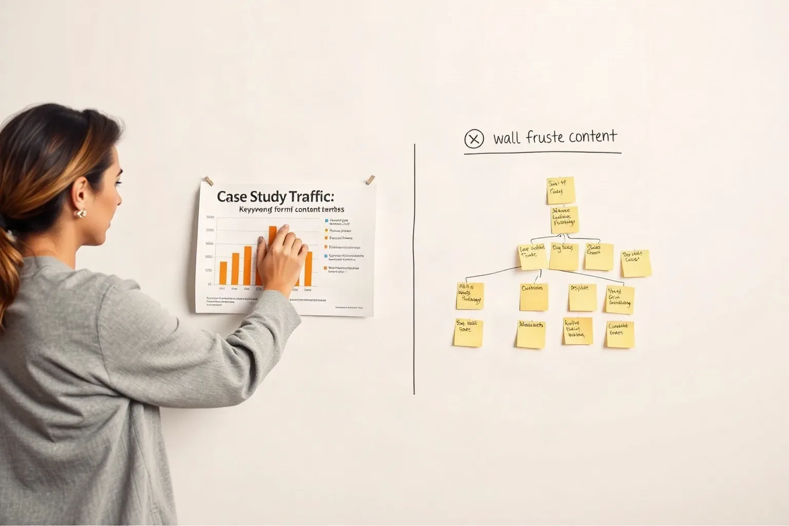 A marketing professional standing at a wall planning area attaching a printed bar chart showing case-study traffic performance next to an existing sticky-note keyword cluster hierarchy for long-form content terms