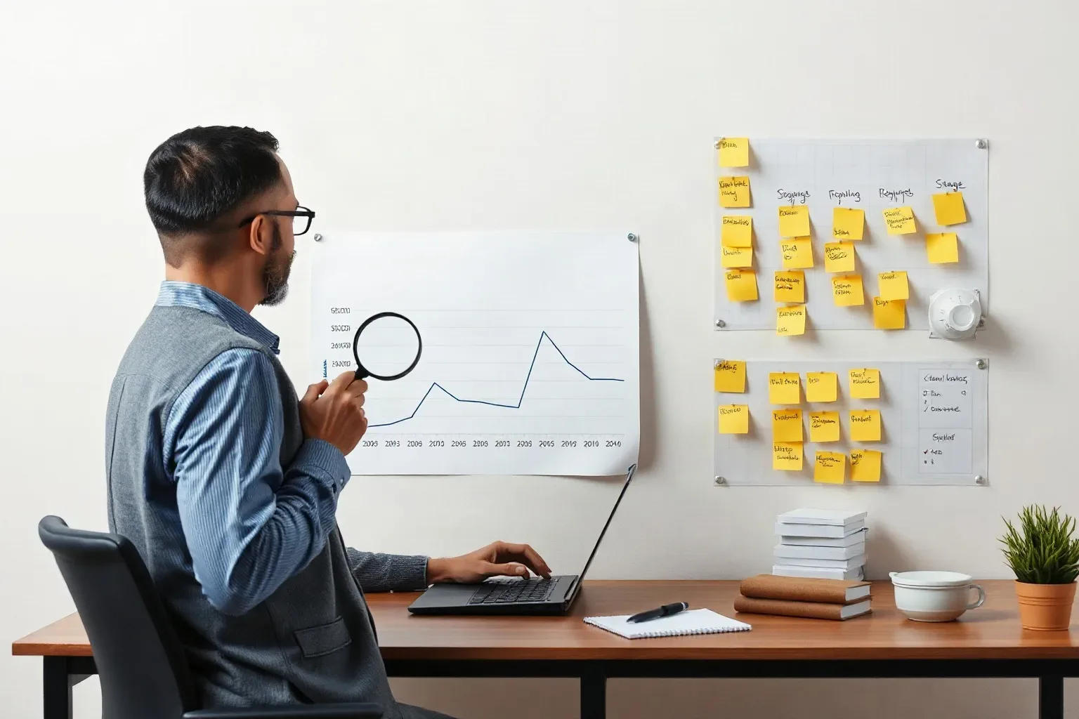 A marketing professional at a desk pressing a magnifying glass over a printed line chart that shows organic traffic plotted across an extended time axis while sticky-note keyword clusters on the wall organise pipeline stage metrics