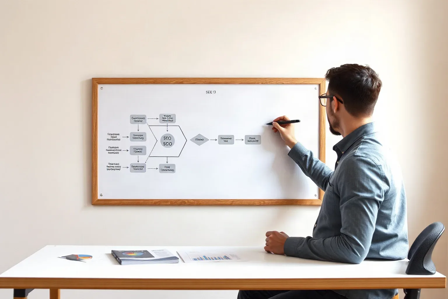 A person sits at a desk writing on a whiteboard covered in a flowchart diagram with boxes and arrows