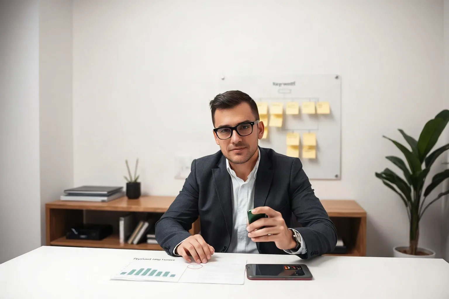 A marketing professional seated at a desk circling high-intent modifier terms on a printed analytics bar chart while a sticky-note keyword hierarchy on the wall behind groups accommodation and activity qualifiers