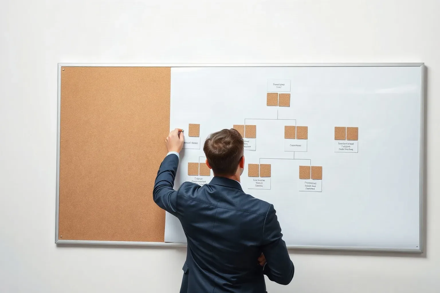A person in a dark suit pins a card onto a combined corkboard and whiteboard displaying a hierarchical flowchart diagram