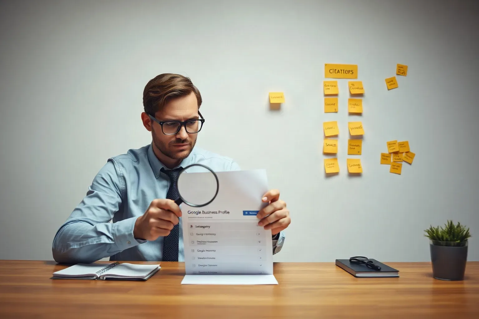 A marketing professional at a desk pressing a magnifying glass onto a printed document showing Google Business Profile category options while sticky-note keyword clusters on the wall categorise citation source types