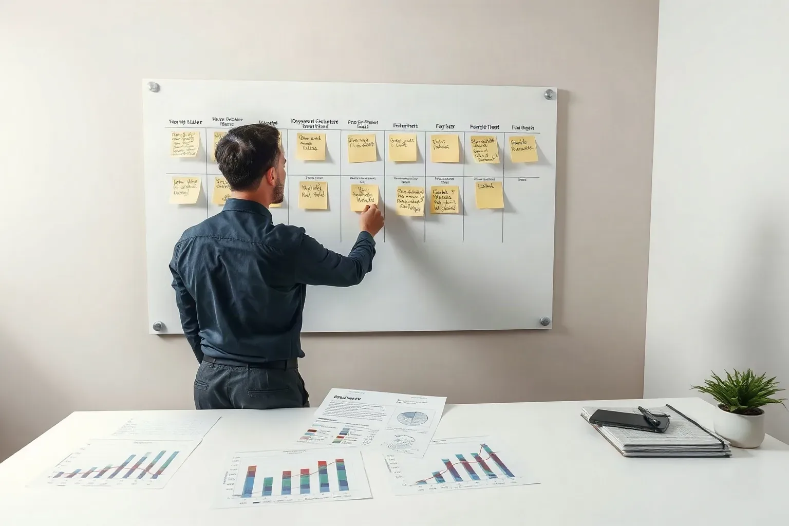 A person in a dark shirt arranges sticky notes on a wall-mounted grid board above a desk scattered with printed charts and graphs