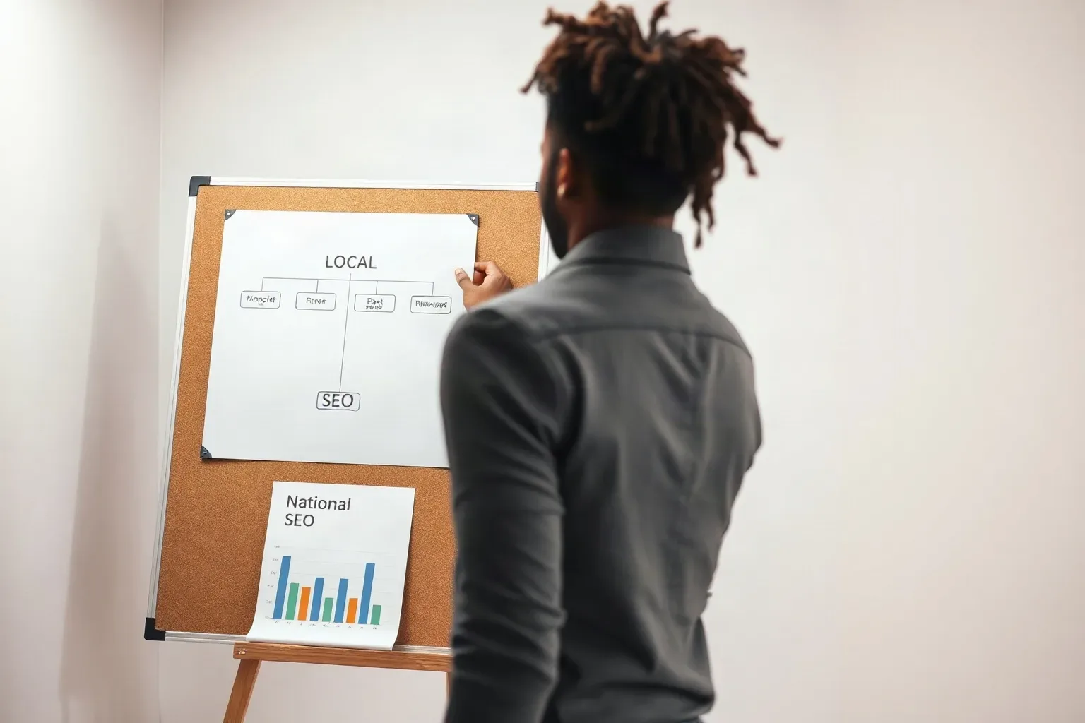 A person with dreadlocks points at a diagram on a corkboard that includes an organisational chart and a bar chart labelled National SEO