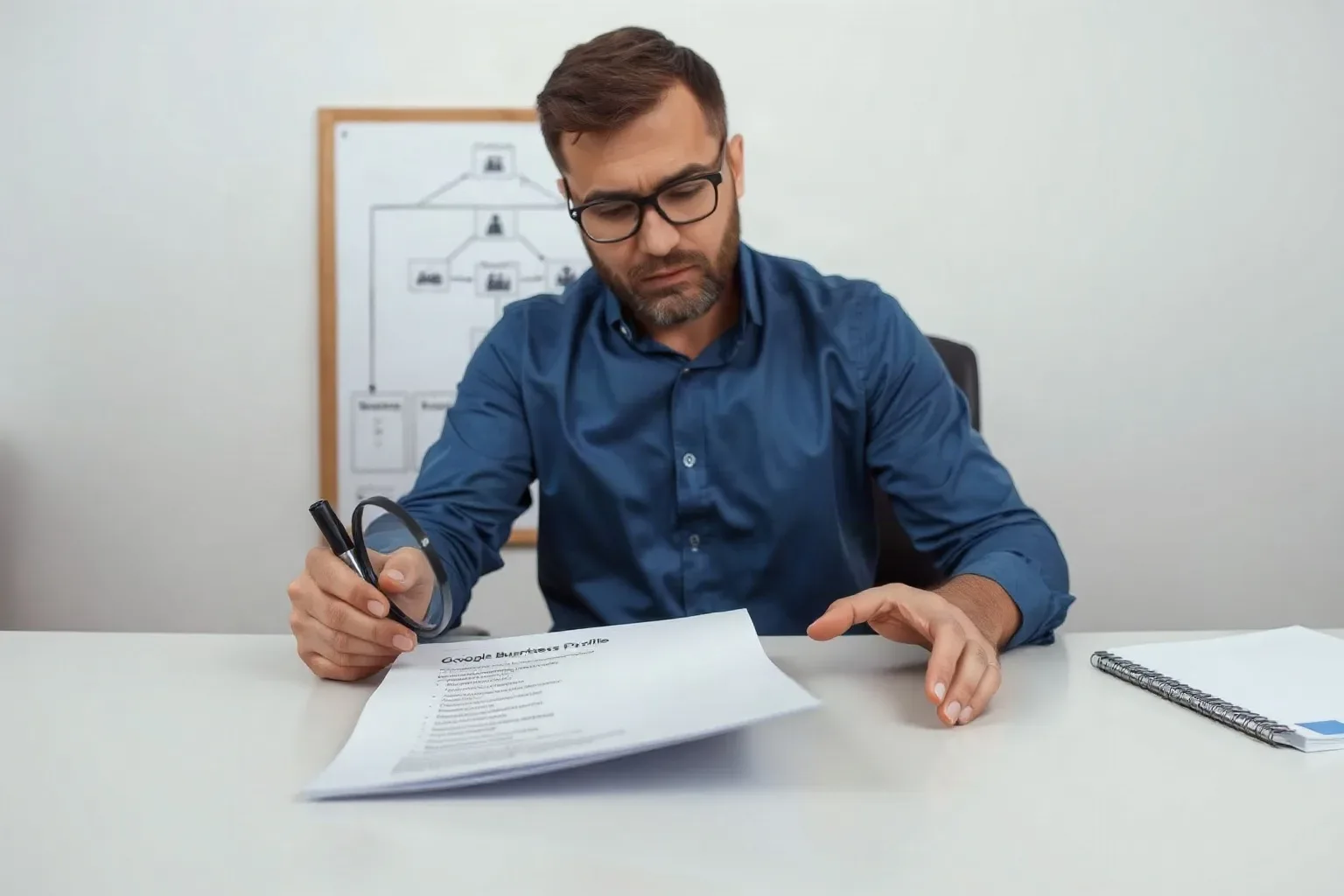 A person wearing glasses uses a magnifying glass to scrutinise a document on a desk, with a flowchart diagram pinned to a board behind them