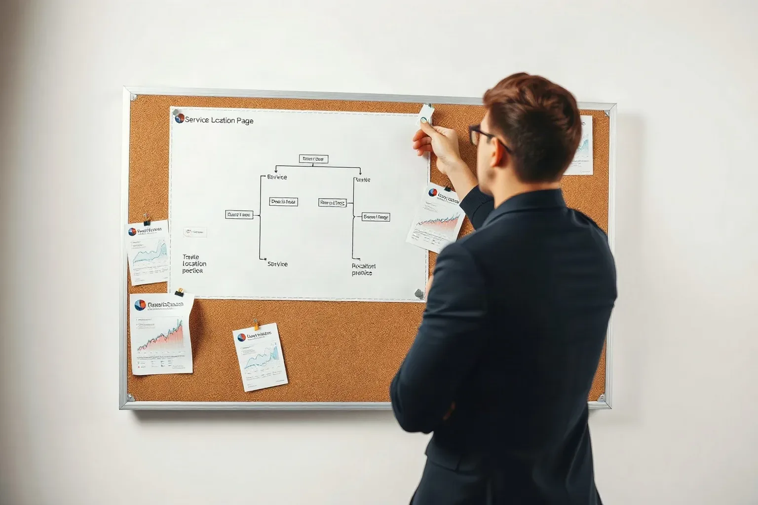 A person in a dark jacket pins a flowchart diagram to a cork notice board that also holds several printed charts