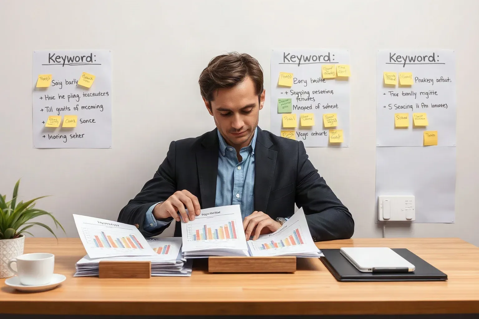 A person in a dark blazer sits at a wooden desk reviewing printed bar-chart reports, with keyword planning sheets and sticky notes covering the wall behind them