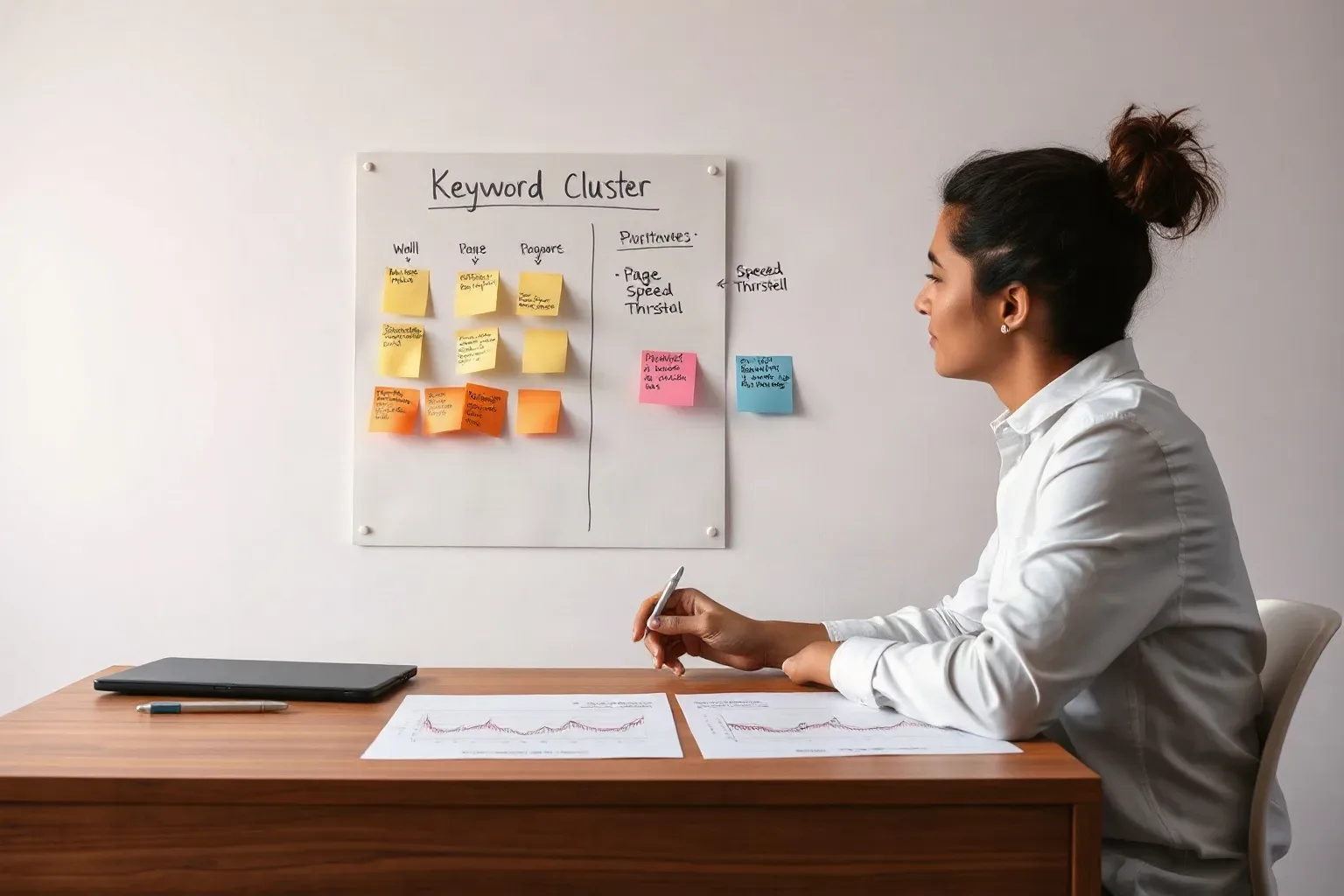 A marketing professional at a wall planning area annotating sticky-note keyword clusters with page-speed threshold notes while printed line charts showing mobile abandonment rates are laid flat on the desk below