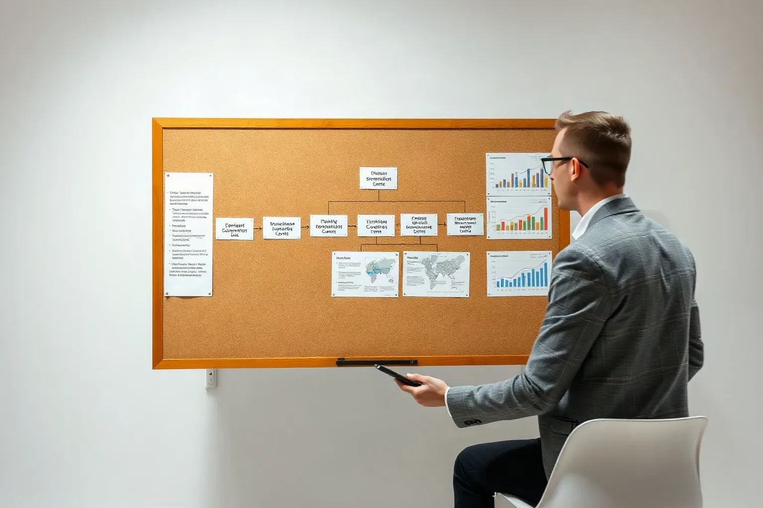 A marketing professional at a corkboard extending a structured flowchart diagram to include an informational content branch that feeds into a transactional page node while printed analytics charts surround the board