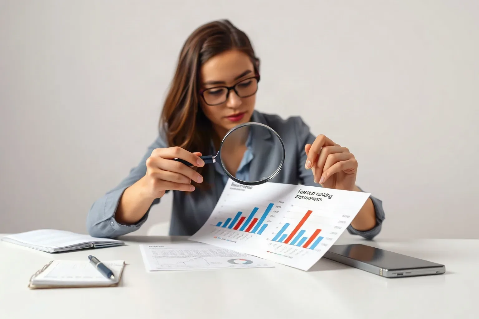 A person wearing glasses holds a magnifying glass over printed bar charts on a desk, with a notepad and smartphone nearby