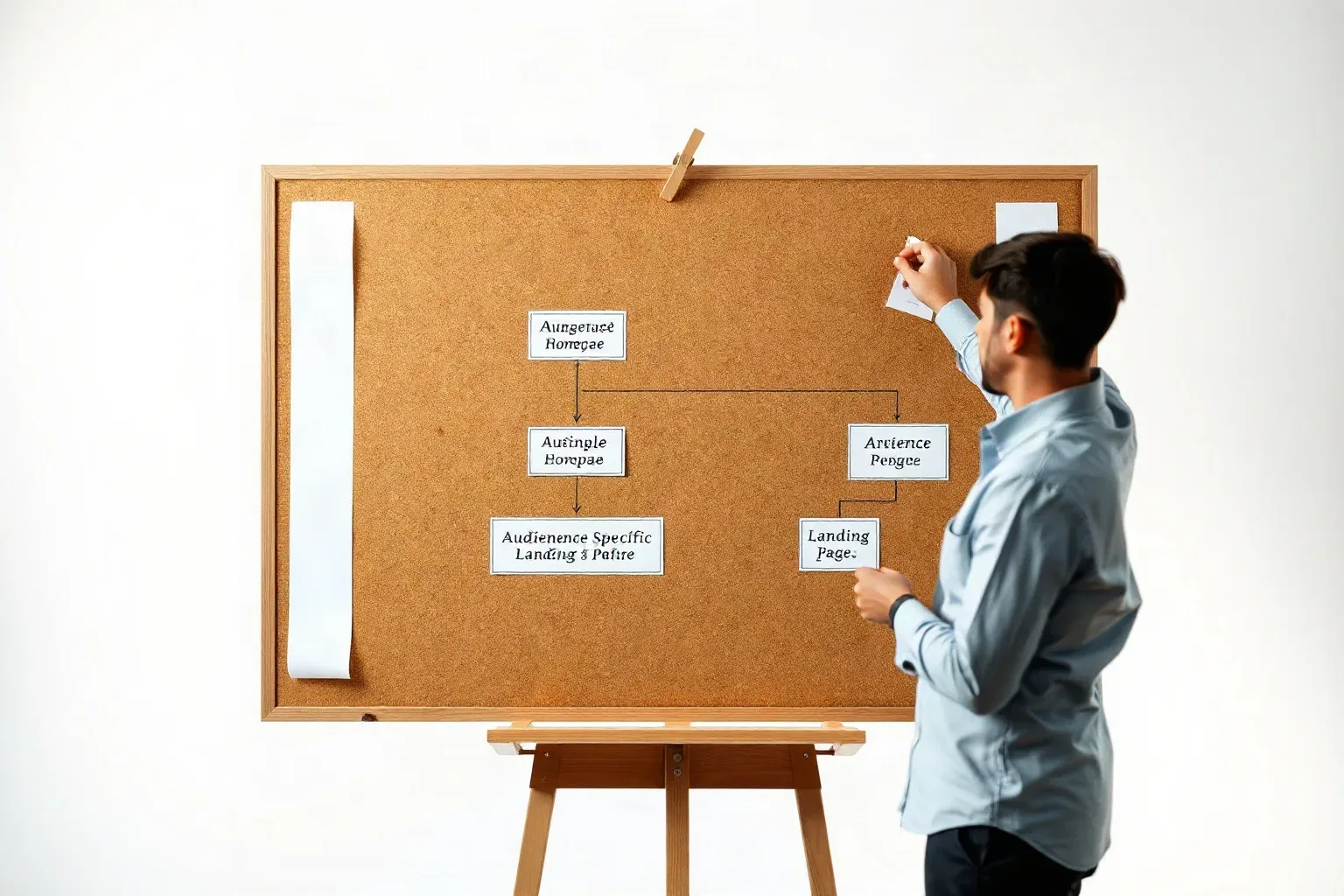 A marketing professional standing at a corkboard pinning a structured flowchart diagram that branches a single homepage into four audience-specific landing page paths