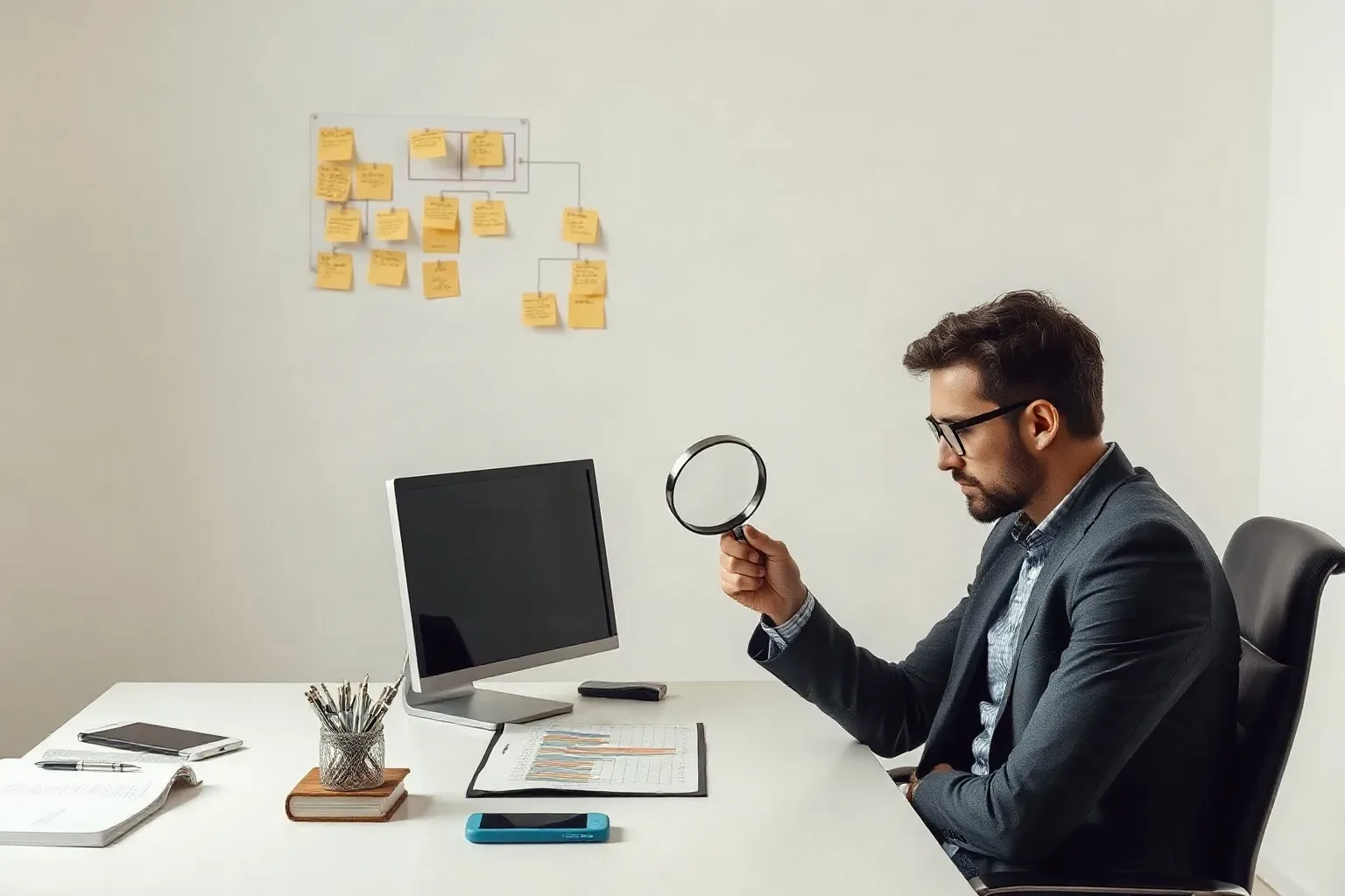 A marketing professional at a desk running a magnifying glass along a printed bar chart showing page-load times while a sticky-note keyword cluster hierarchy organises technical fix priorities on the wall above