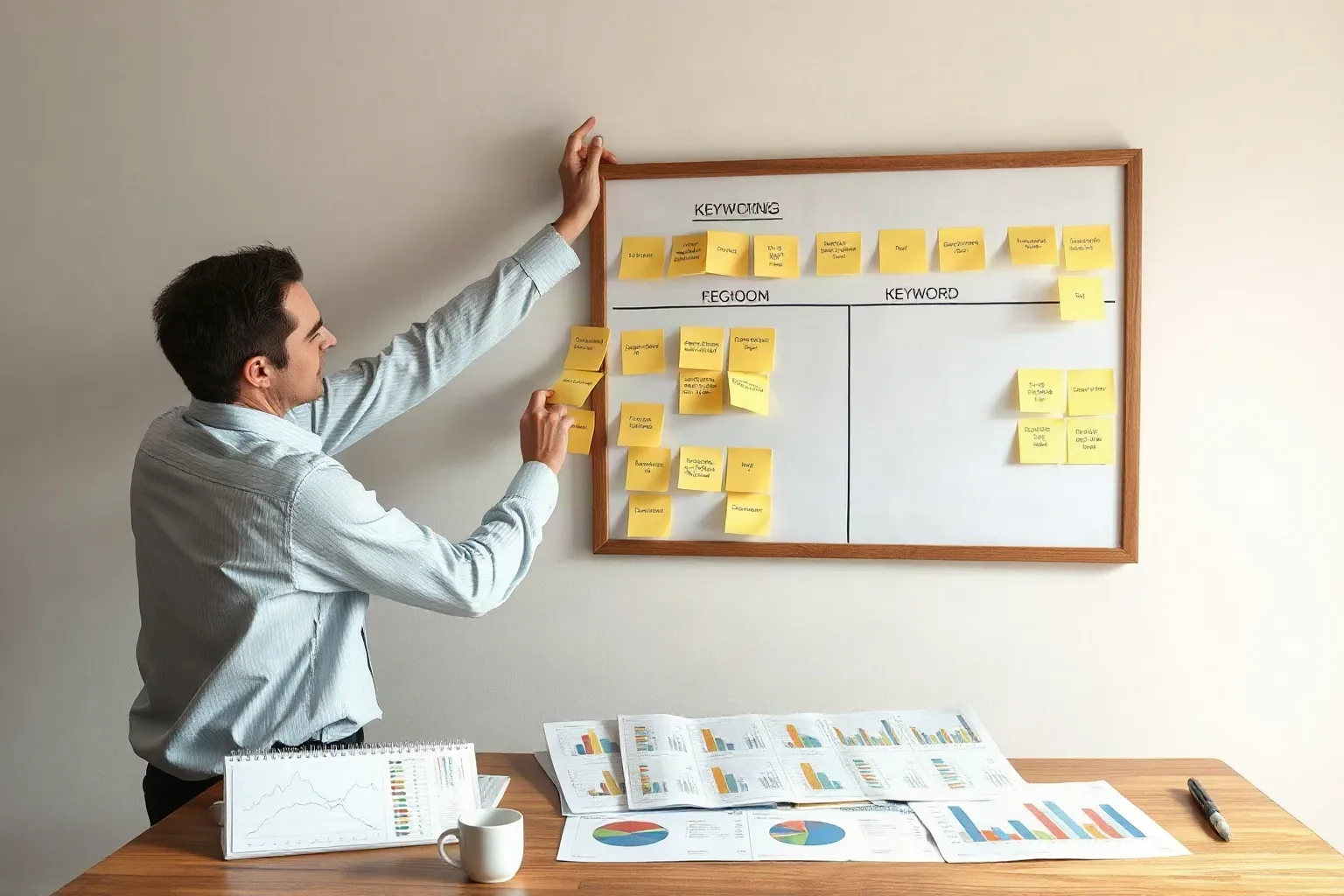 A marketing professional at a wall planning area reorganising sticky-note keyword clusters so regional geographic terms move to the top tier of the hierarchy while printed analytics charts are fanned on the desk surface