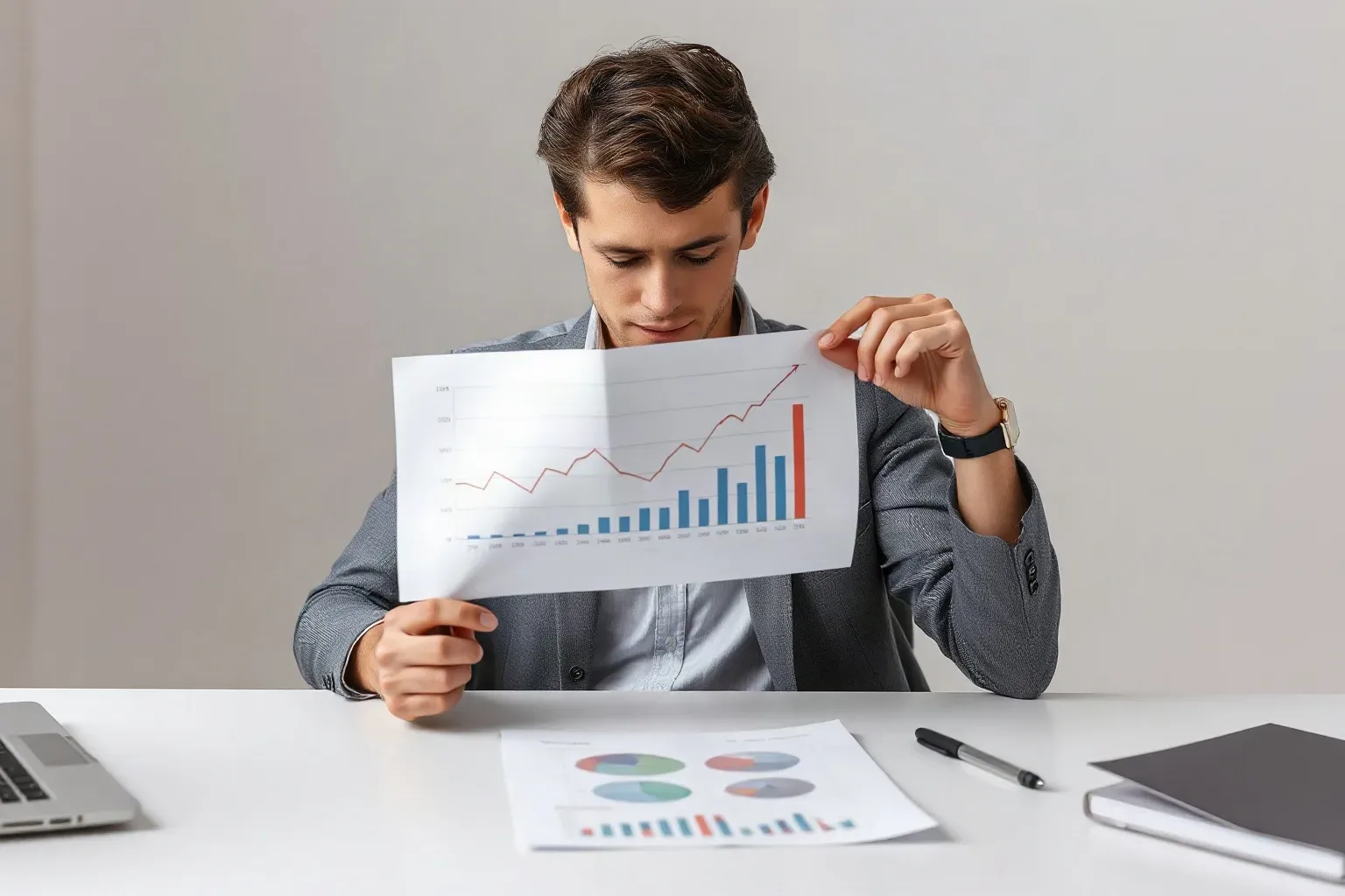 A person in a suit jacket sits at a desk, holding up a printed bar and line graph and studying it closely, with further charts on the desk beside a pen and notebook
