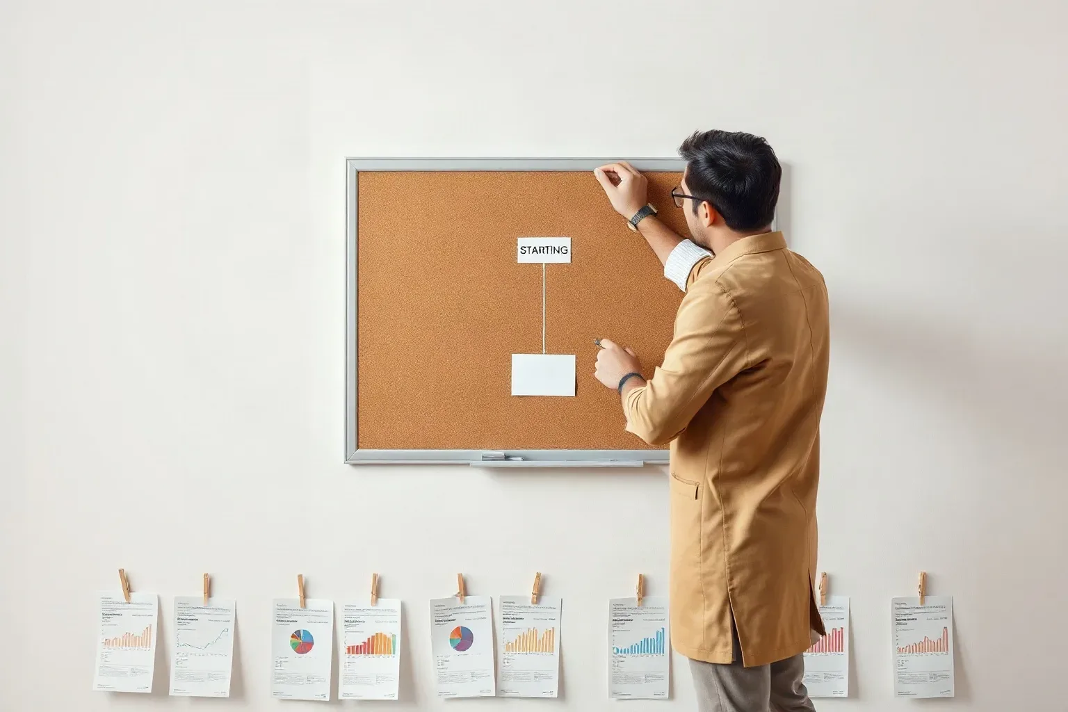A marketing professional standing at a corkboard and adding a new starting node to a structured flowchart diagram while printed analytics charts are clipped in a row along the board's lower edge