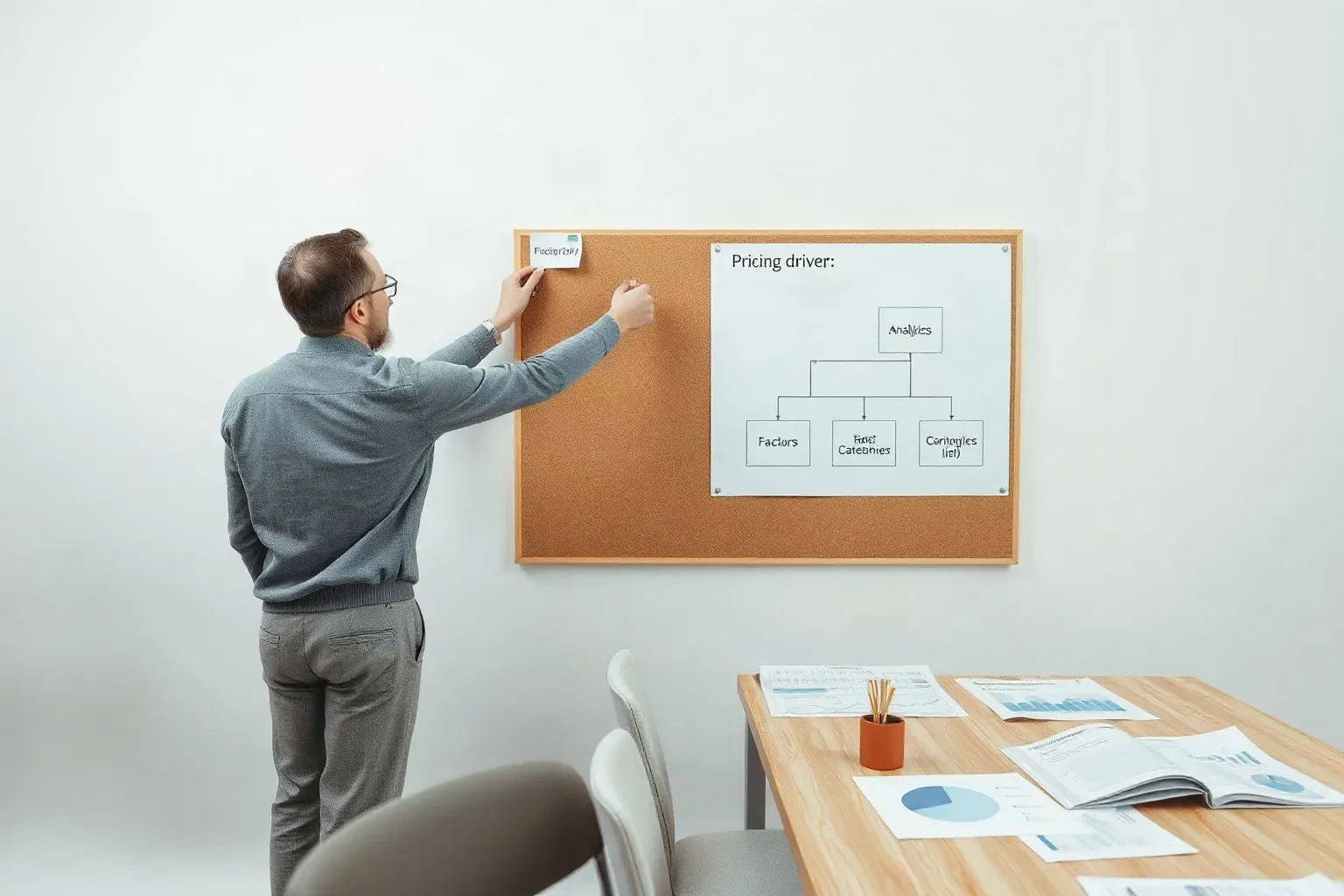 A person pins a note to a corkboard beside a printed flowchart diagram in a small office with reports spread across a nearby desk