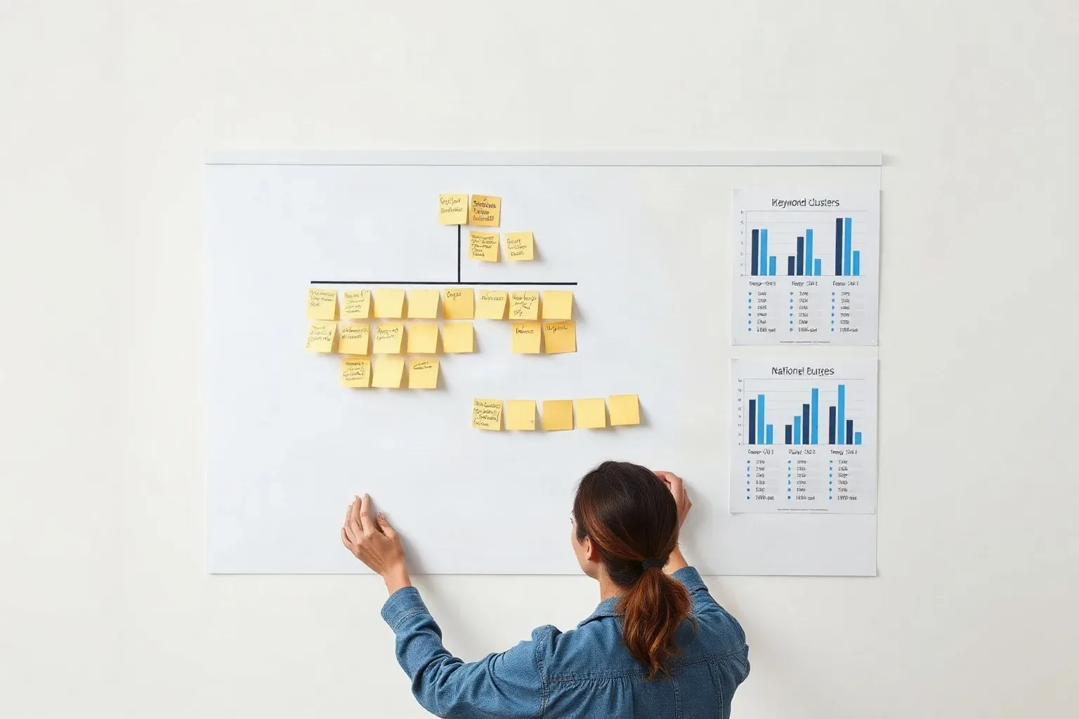 A marketing professional at a wall planning area arranging sticky-note keyword clusters into a tiered hierarchy that separates local, regional, and national campaign categories while printed bar charts showing corresponding budget ranges are pinned beside each tier