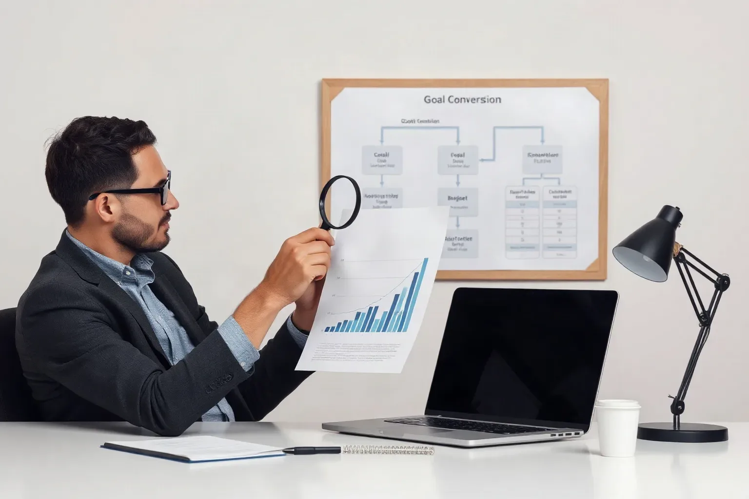 A marketing professional at a desk pressing a magnifying glass onto a printed analytics document that shows goal-conversion data while a structured flowchart diagram on the corkboard maps the goal-setting process to budget allocation