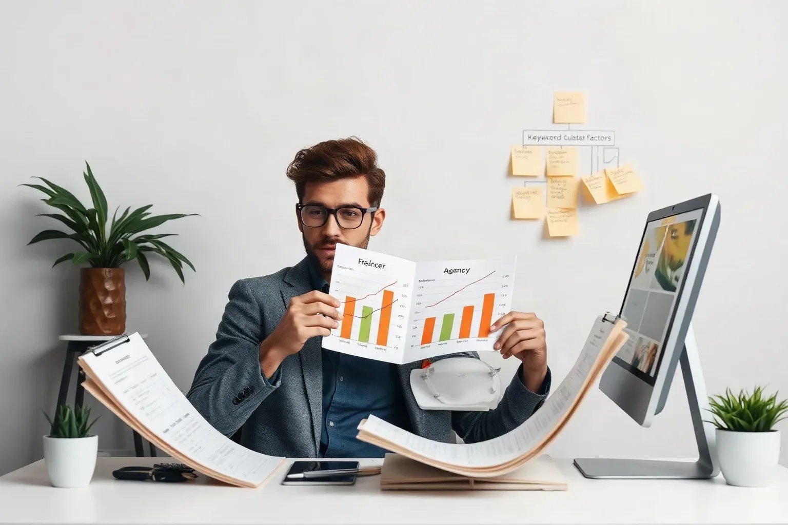 A marketing professional seated at a desk aligning printed bar charts for freelancer and agency cost ranges side by side and annotating the gap between them while a sticky-note keyword cluster hierarchy on the wall groups the relevant decision factors