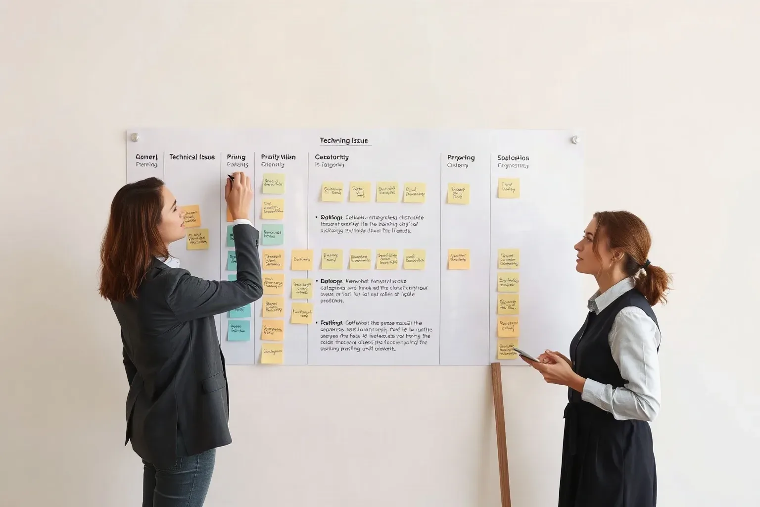 Two people collaborate at a large wall-mounted board covered in sticky notes and printed text, one writing while the other looks on