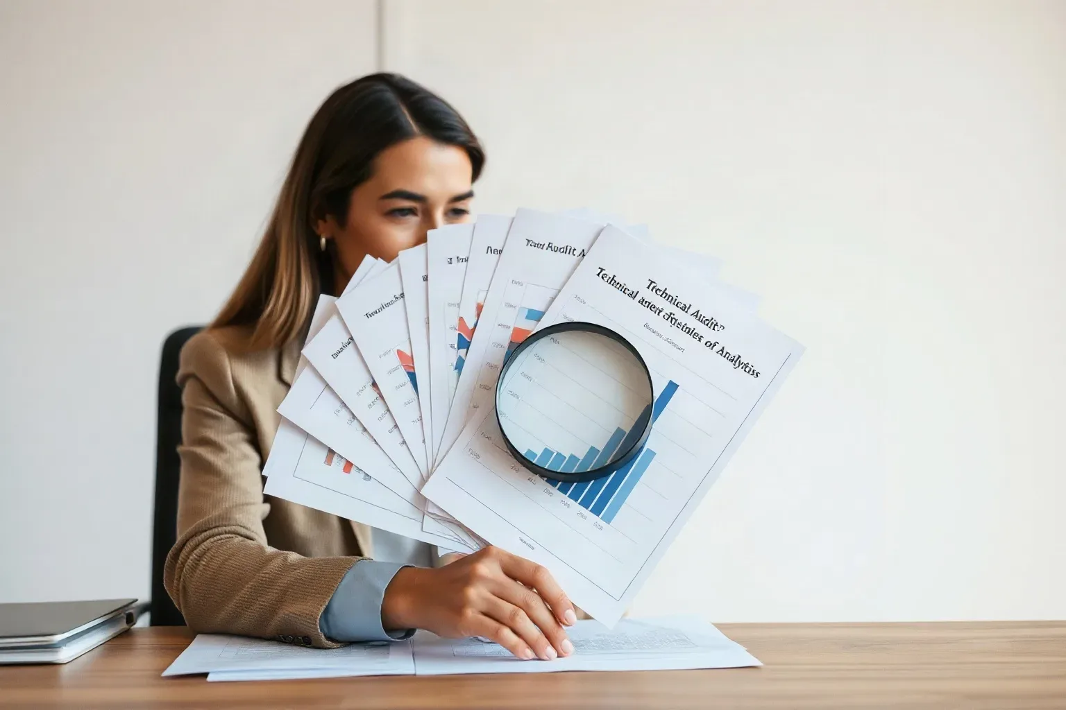A marketing professional at a desk fanning several printed technical-audit analytics charts into a semicircle and placing a magnifying glass on the chart showing the most errors