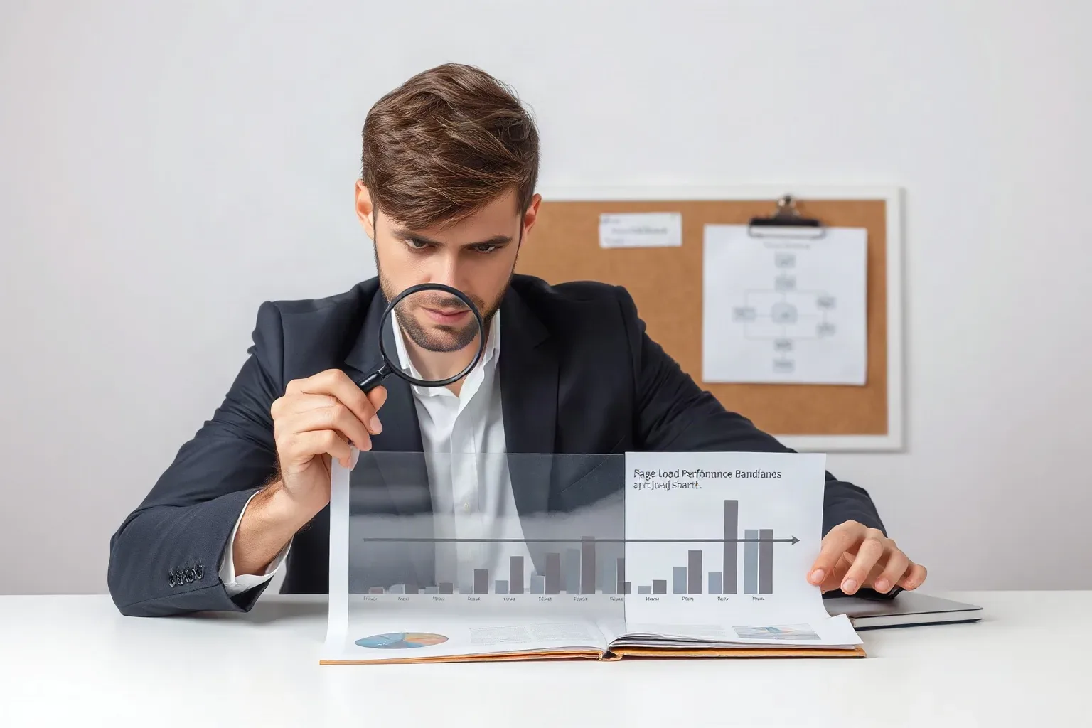 A marketing professional at a desk running a magnifying glass along the horizontal axis of a printed bar chart that shows page-load performance bands while a structured flowchart diagram is visible on the corkboard behind