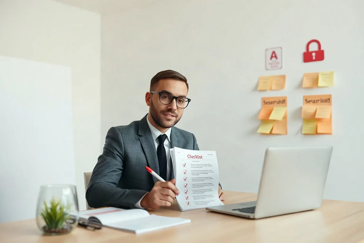 A person in a suit sits at a desk holding a checklist document and pen, with a laptop, notebook, sticky notes, and security icons visible on the wall behind