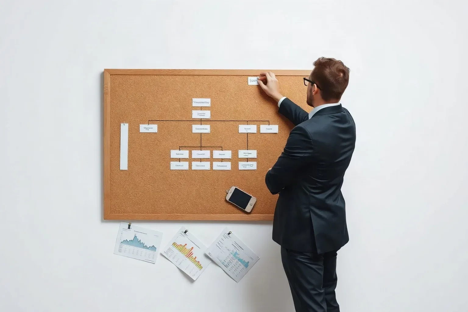 A person in a dark suit pins a card to a cork board displaying a hierarchical flowchart, with printed charts resting below