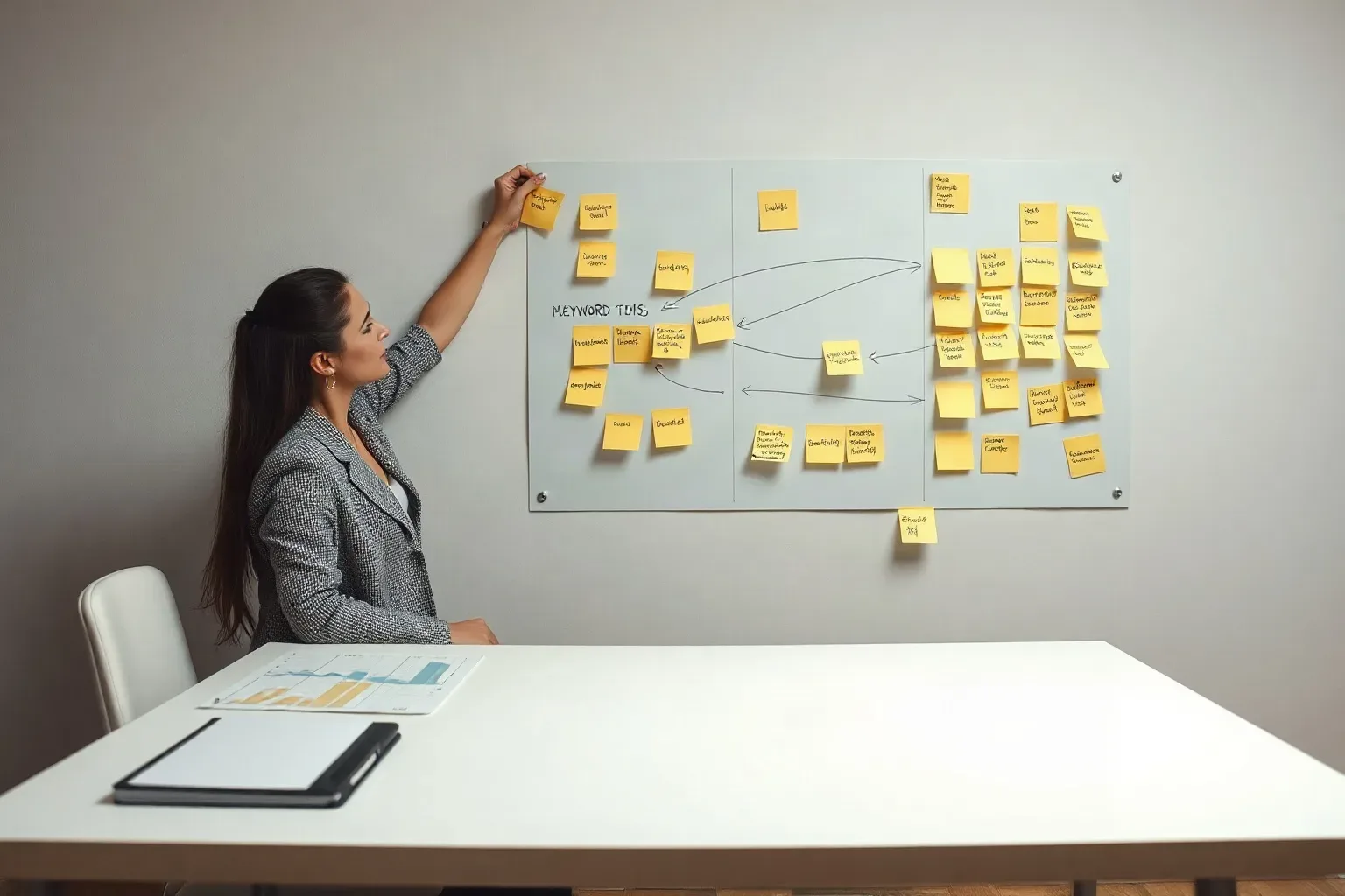 A marketing professional at a wall planning area connecting sticky-note keyword clusters with drawn arrows to indicate internal linking paths while printed line charts showing crawl depth are laid on the desk below