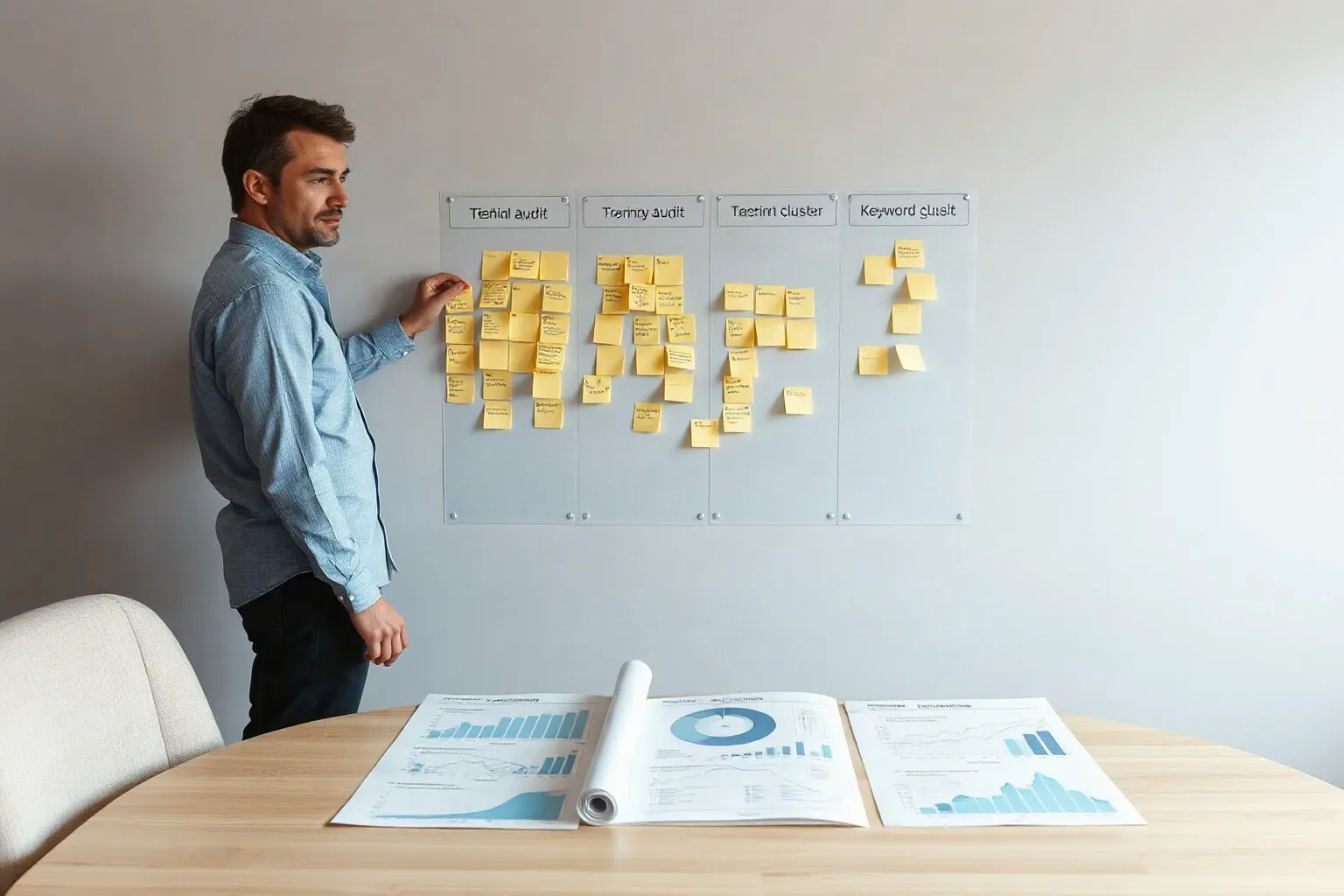A marketing professional standing at a wall planning area writing technical audit categories onto sticky notes and arranging them into a ranked keyword cluster hierarchy while printed analytics charts are unrolled on the desk below